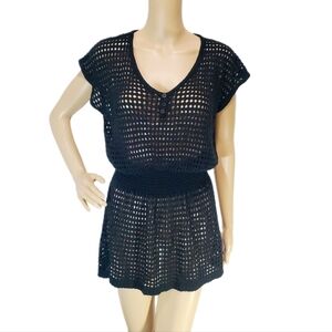 Black Crochet Mesh Stretchy Beach Pool Swim Coverup Top Shirt Dress Size OS EUC